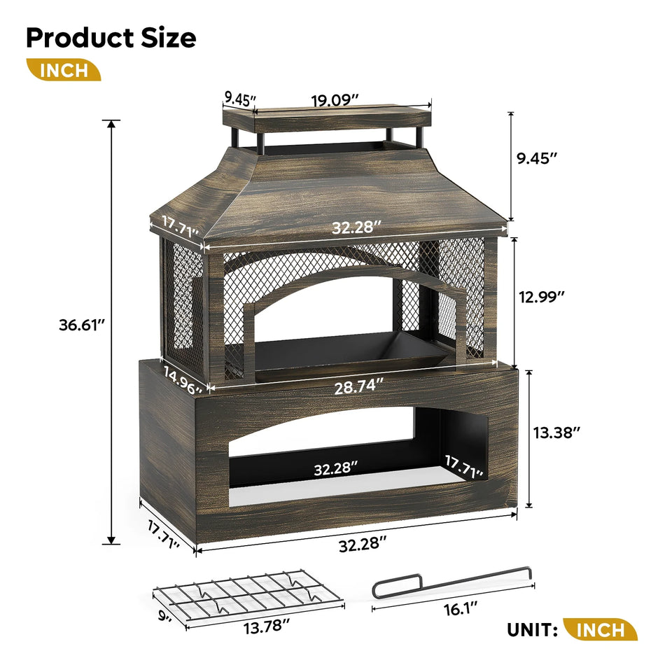 Fire Pits for outside Wood Burning, Outdoor Fireplace with Log Storage Rack, Freestanding Chiminea Fireplace with Mesh Screen and Pocker for Backyard Patio Party Camping Picnic, 37