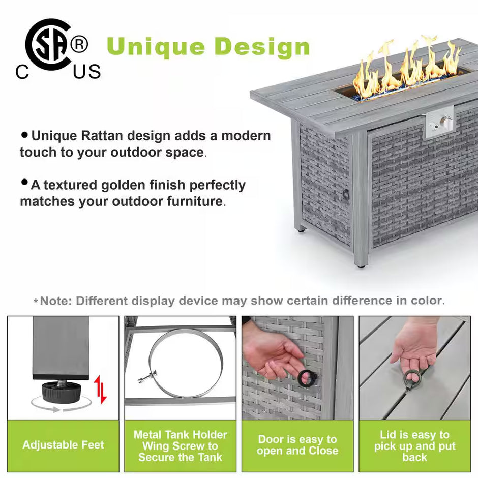 43 In. 50,000 BTU Light Gray Rectangle Rattan Wicker Outdoor Propane Fire Pit Table