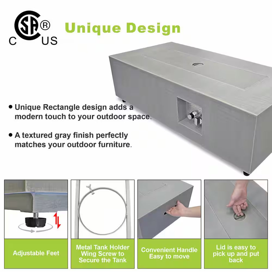42 In. 50,000 BTU Propane Fire Pit Table Rectangle Outdoor Propane Gas Firepit with LED Light