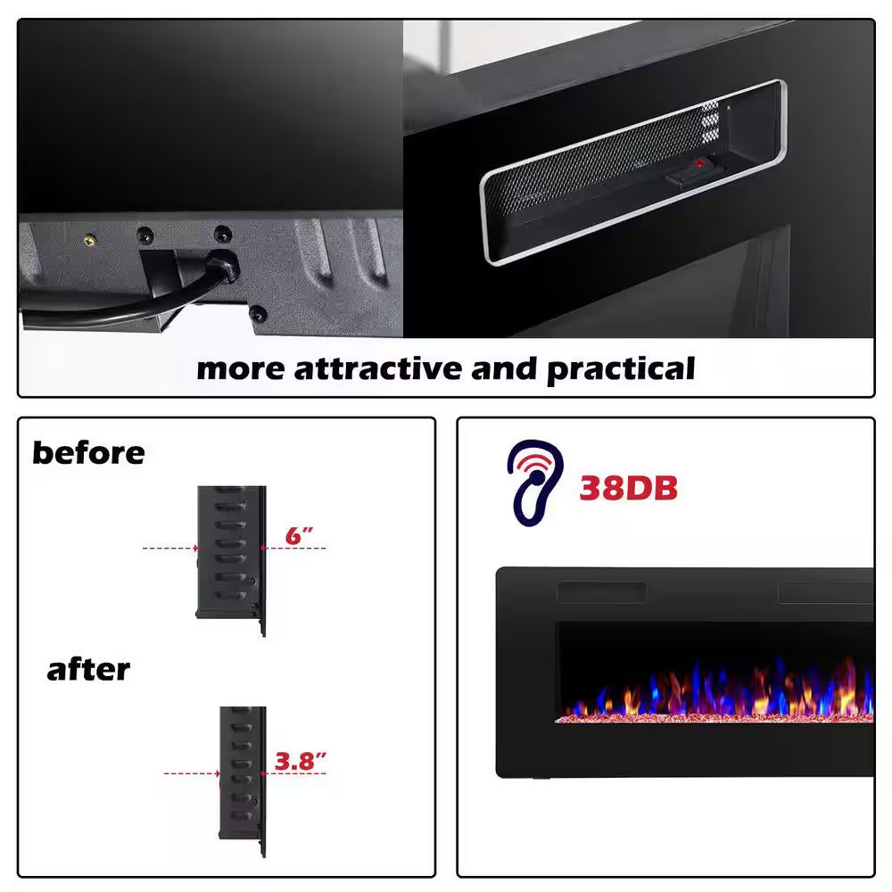 60 In. Wall Mounted Electric Fireplace with Remote Control, Timer and Touch Screen in Black