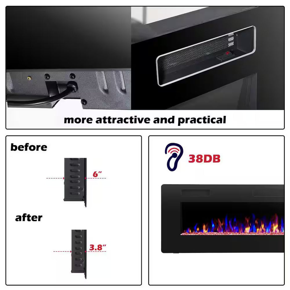 60 In. Wall Mounted Electric Fireplace with Remote Control, Timer and Touch Screen in Black