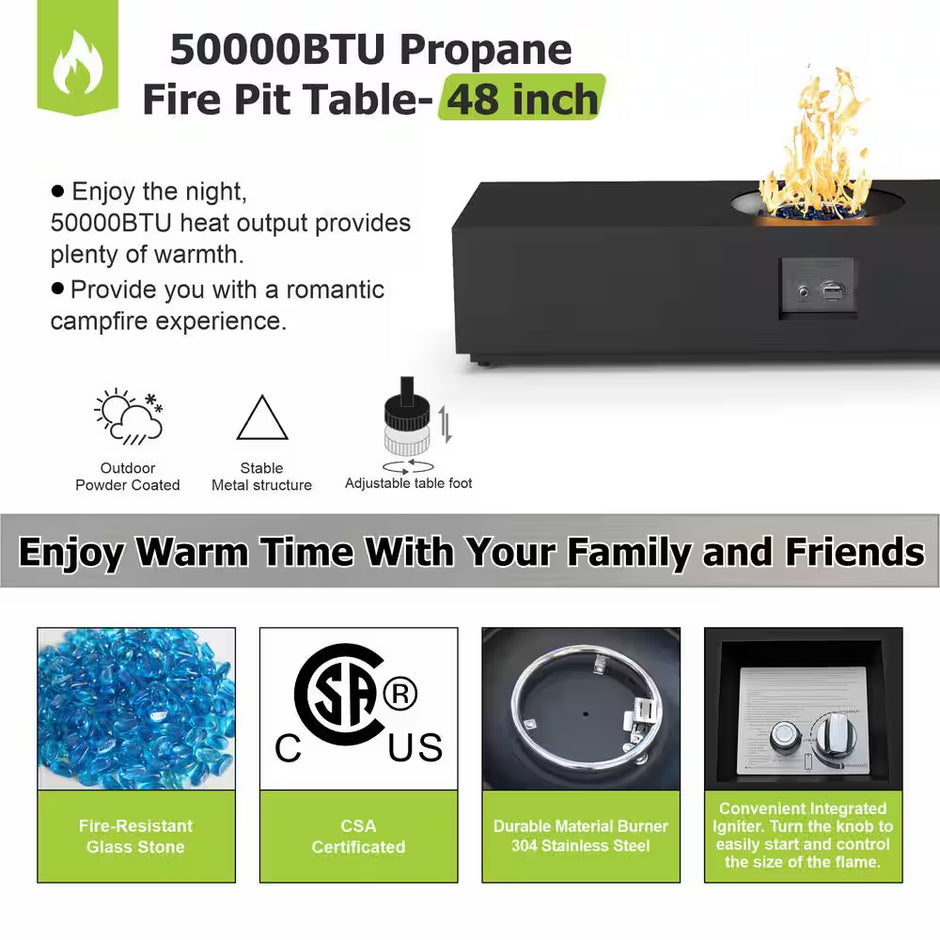 48 In, 50,000 BTU Black Coating Steel Outdoor Fire Table Propane Gas Fire Pit Table