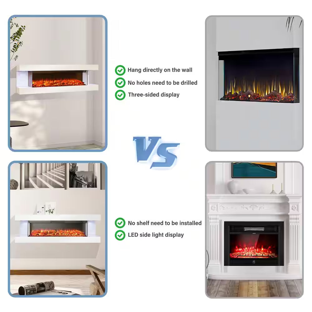 50 In. Wall Mount 3-Sided Electric Fireplace in White with Thermostat and Remote, 12-Flame Colors, LED Side Lights