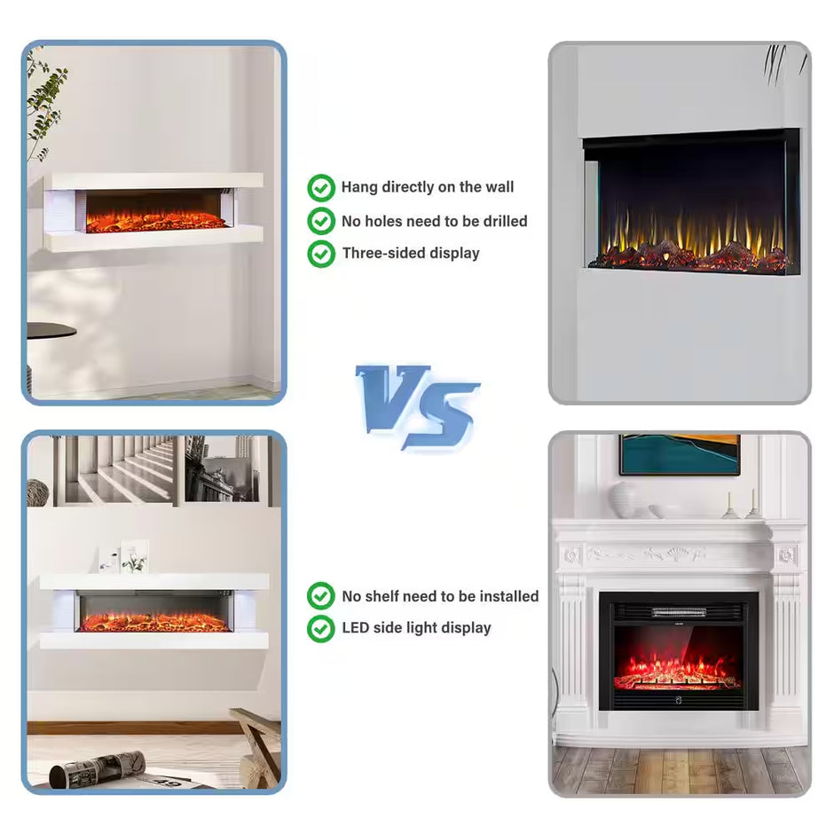 50 In. Wall Mount 3-Sided Electric Fireplace in White with Thermostat and Remote, 12-Flame Colors, LED Side Lights