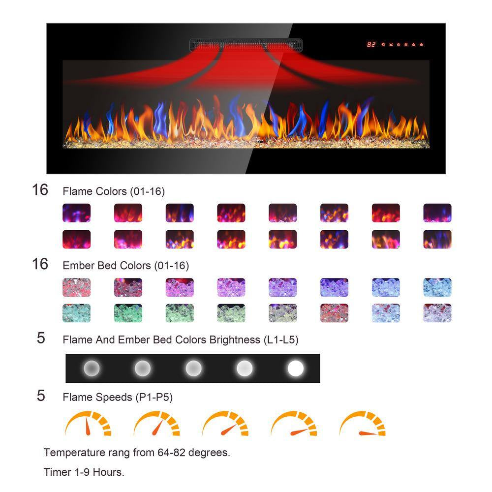 50 In. Wall Mounted Ultra Thin Tempered Glass Front Smart Electric Fireplace with Remote and Multi-Color Flame in Black