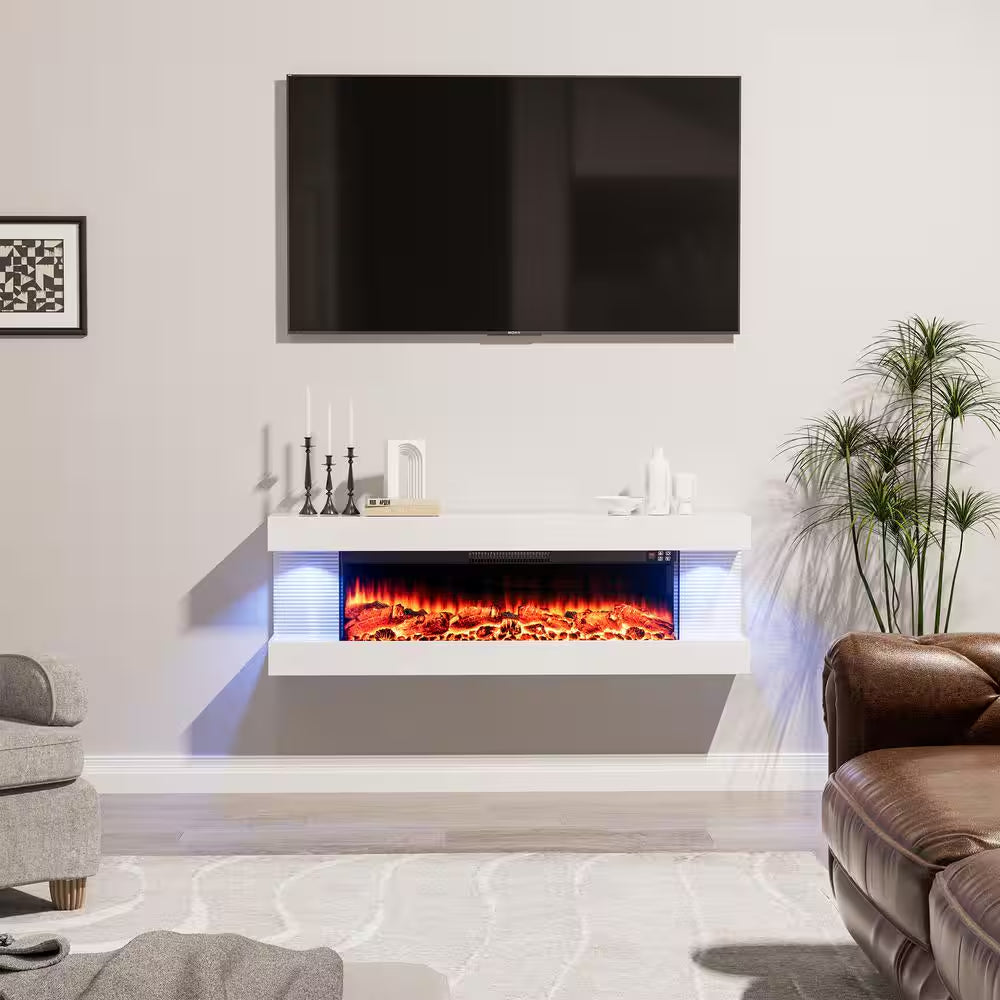 50 In. Wall Mount 3-Sided Electric Fireplace in White with Thermostat and Remote, 12-Flame Colors, LED Side Lights