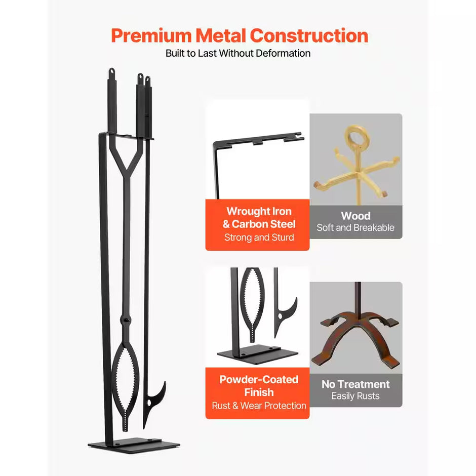 Wrought Iron Fireplace Tool Set, 3 PCS Fire Tool Set and Holder with Stand, Tongs, Fire Place Poker, for Indoor/Outdoor