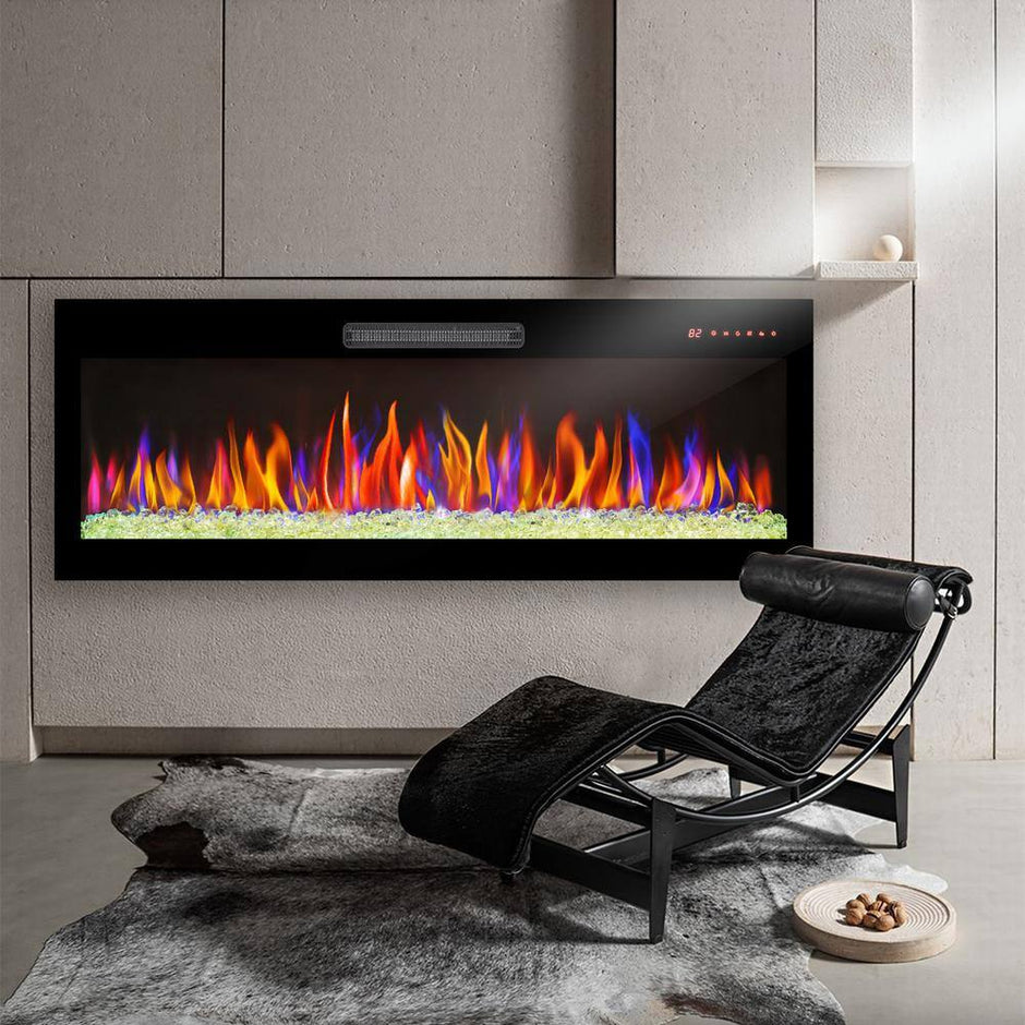 50 In. Wall Mounted Ultra Thin Tempered Glass Front Smart Electric Fireplace with Remote and Multi-Color Flame in Black
