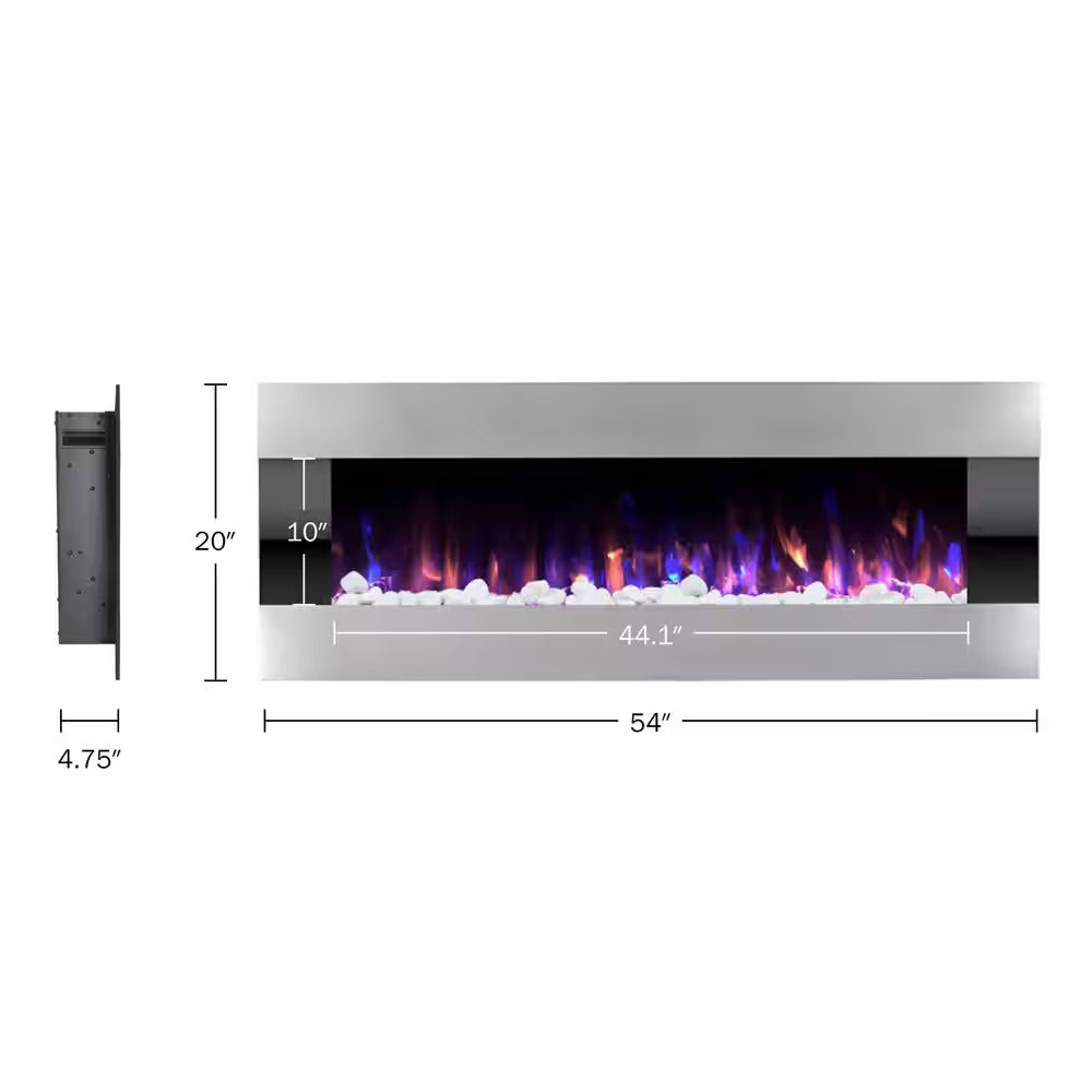 54 In. Stainless Steel Electric Fireplace with Wall Mount and Remote in Silver