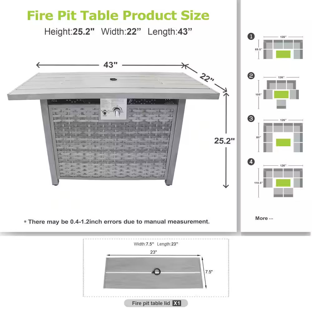 43 In. 50,000 BTU Light Gray Rectangle Rattan Wicker Outdoor Propane Fire Pit Table