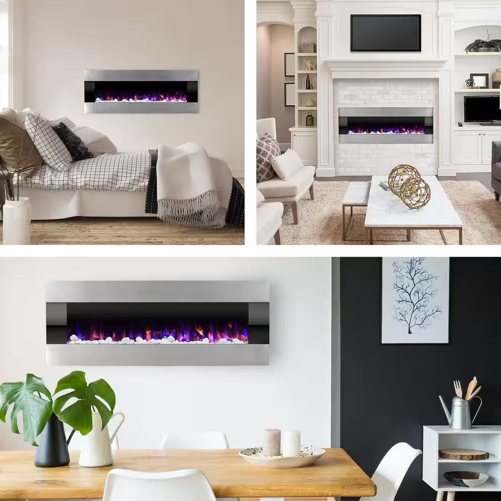 54 In. Stainless Steel Electric Fireplace with Wall Mount and Remote in Silver