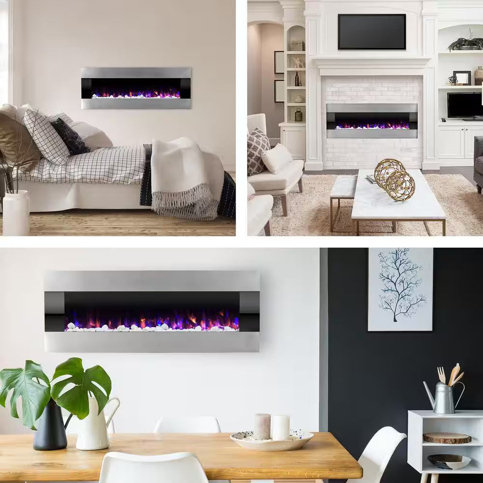 54 In. Stainless Steel Electric Fireplace with Wall Mount and Remote in Silver
