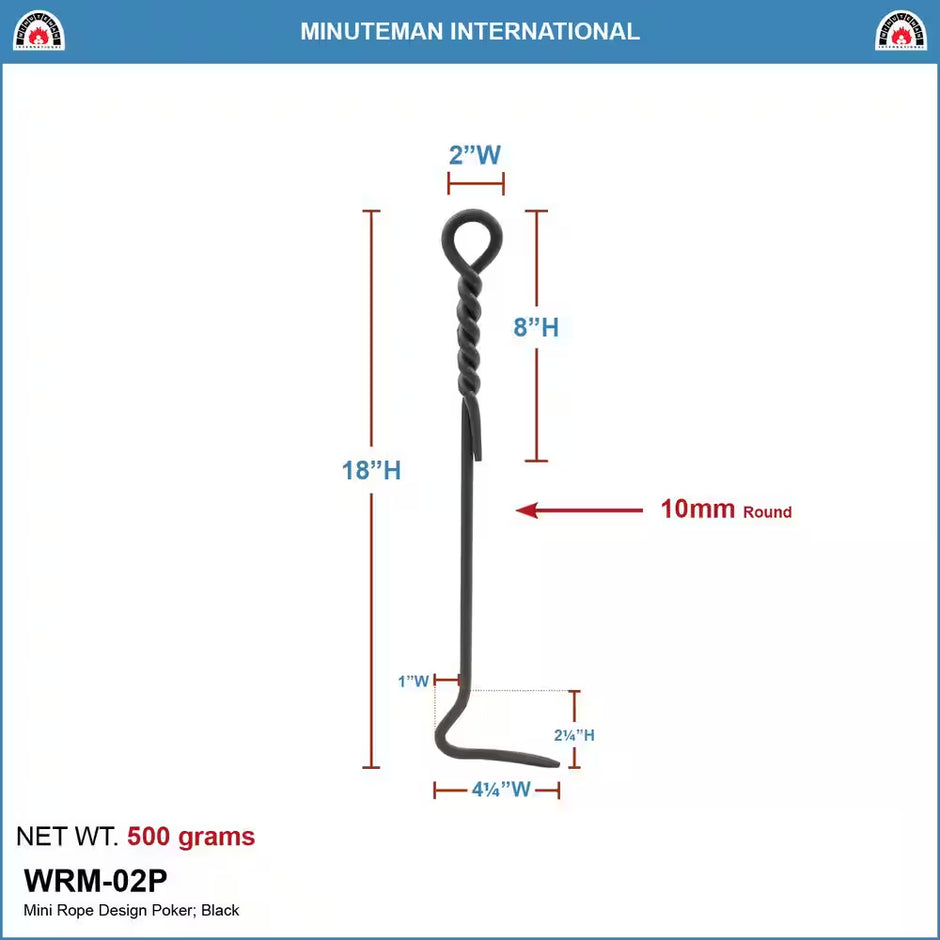 18 In. Tall Black Mini Rope Design Fireplace Poker Tool