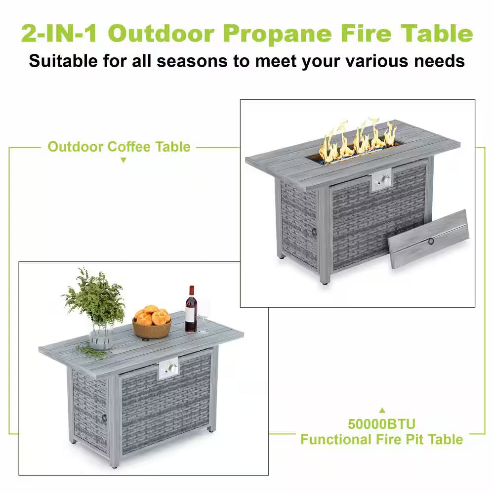 43 In. 50,000 BTU Light Gray Rectangle Rattan Wicker Outdoor Propane Fire Pit Table