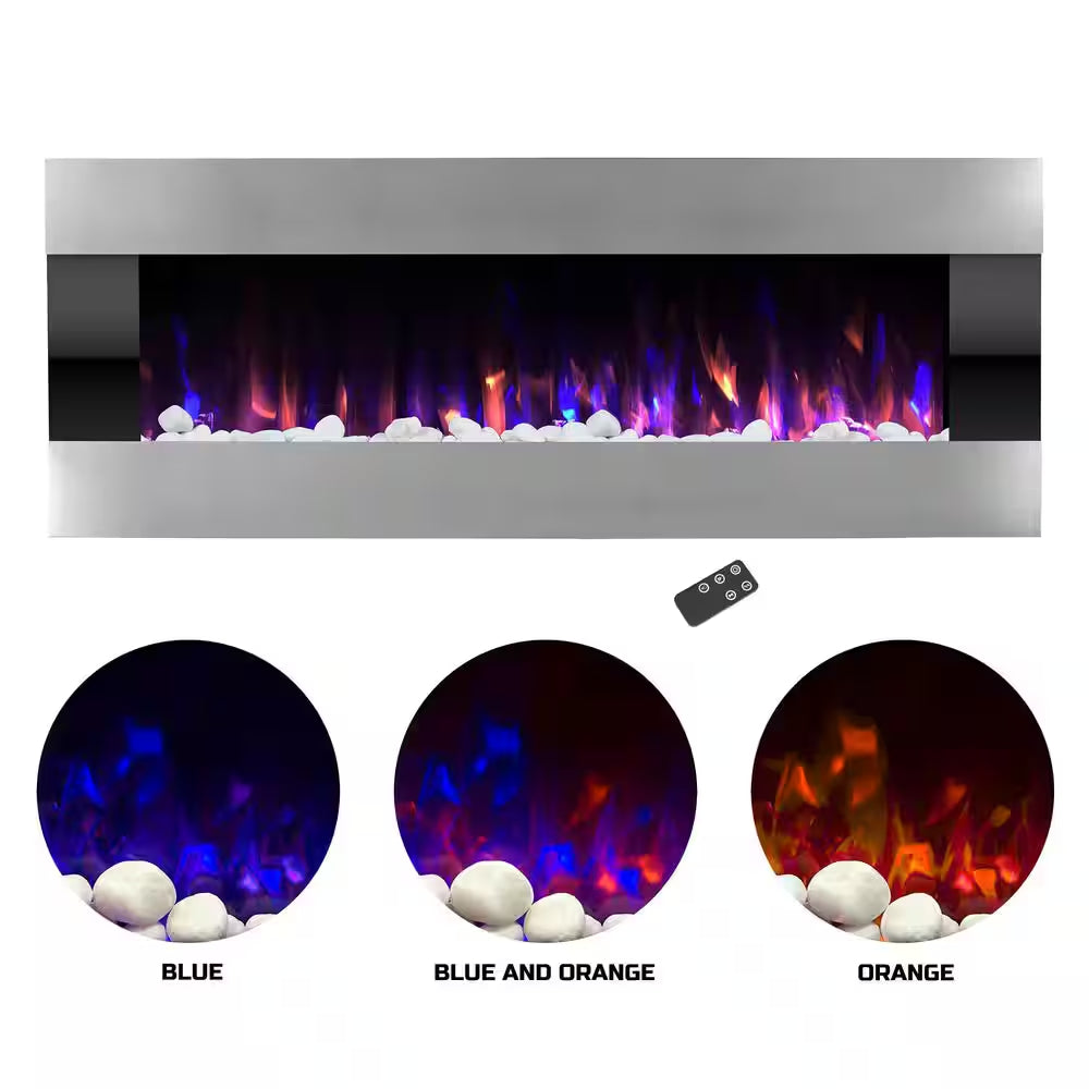 54 In. Stainless Steel Electric Fireplace with Wall Mount and Remote in Silver