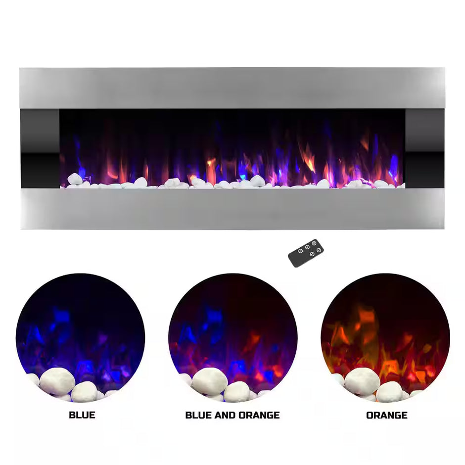 54 In. Stainless Steel Electric Fireplace with Wall Mount and Remote in Silver