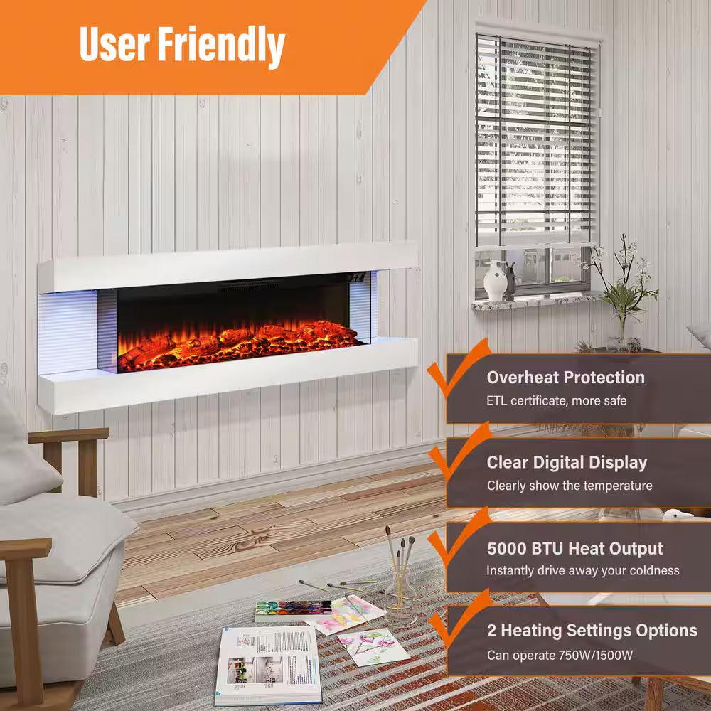 50 In. Wall Mount 3-Sided Electric Fireplace in White with Thermostat and Remote, 12-Flame Colors, LED Side Lights