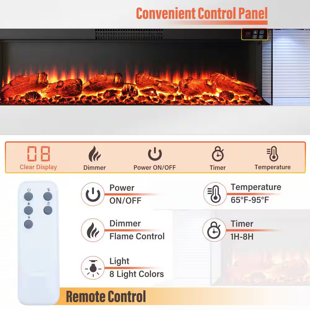 50 In. Wall Mount 3-Sided Electric Fireplace in White with Thermostat and Remote, 12-Flame Colors, LED Side Lights
