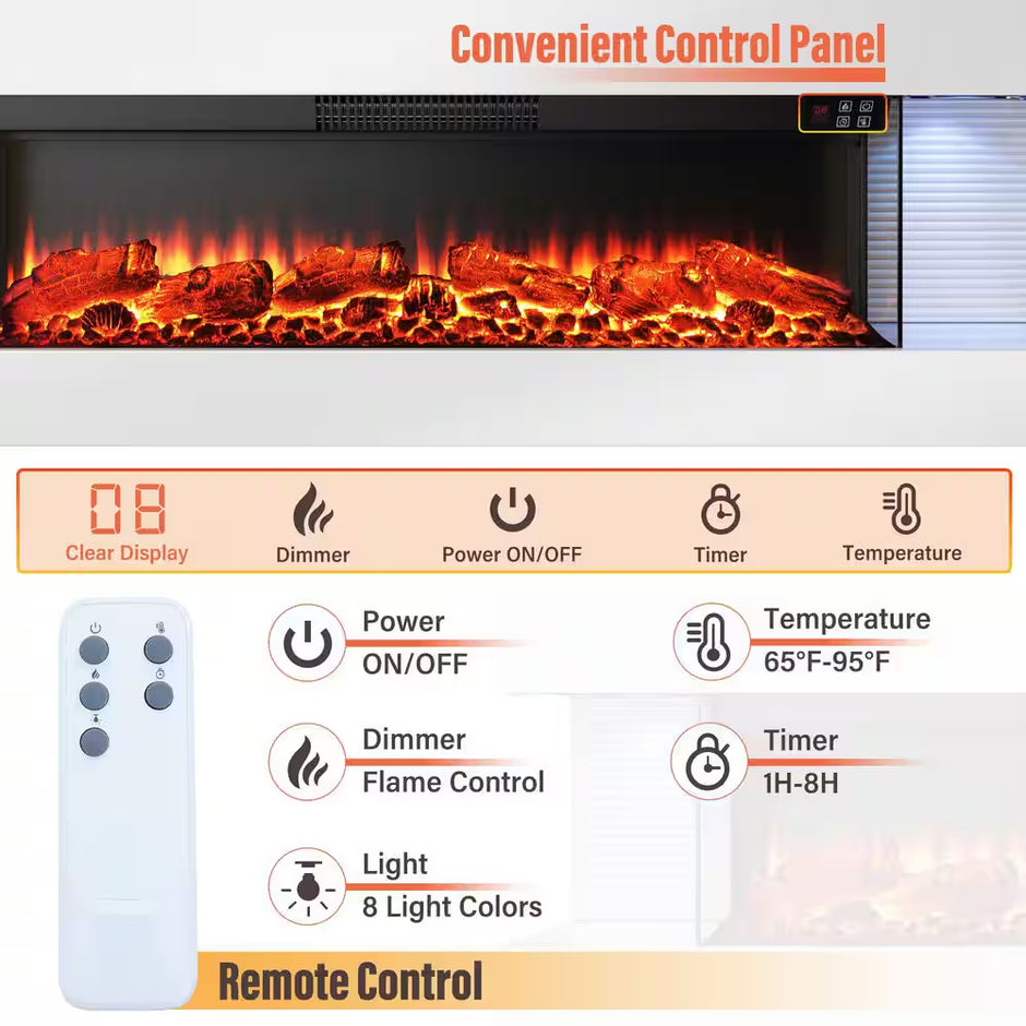 50 In. Wall Mount 3-Sided Electric Fireplace in White with Thermostat and Remote, 12-Flame Colors, LED Side Lights