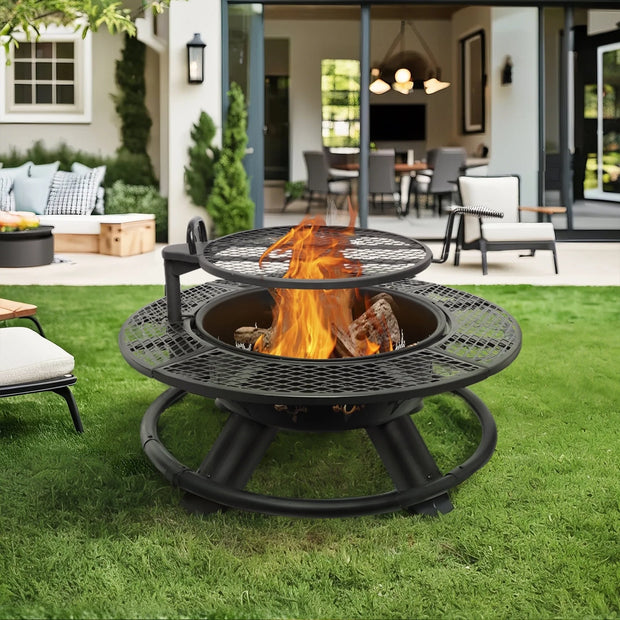 Fire Pit with Grills Grate, 47" Outdoor Firepit for outside Wood Burning, round Metal Fire Pits for Patio, Picnic, Party, BBQ, Deer Head Style