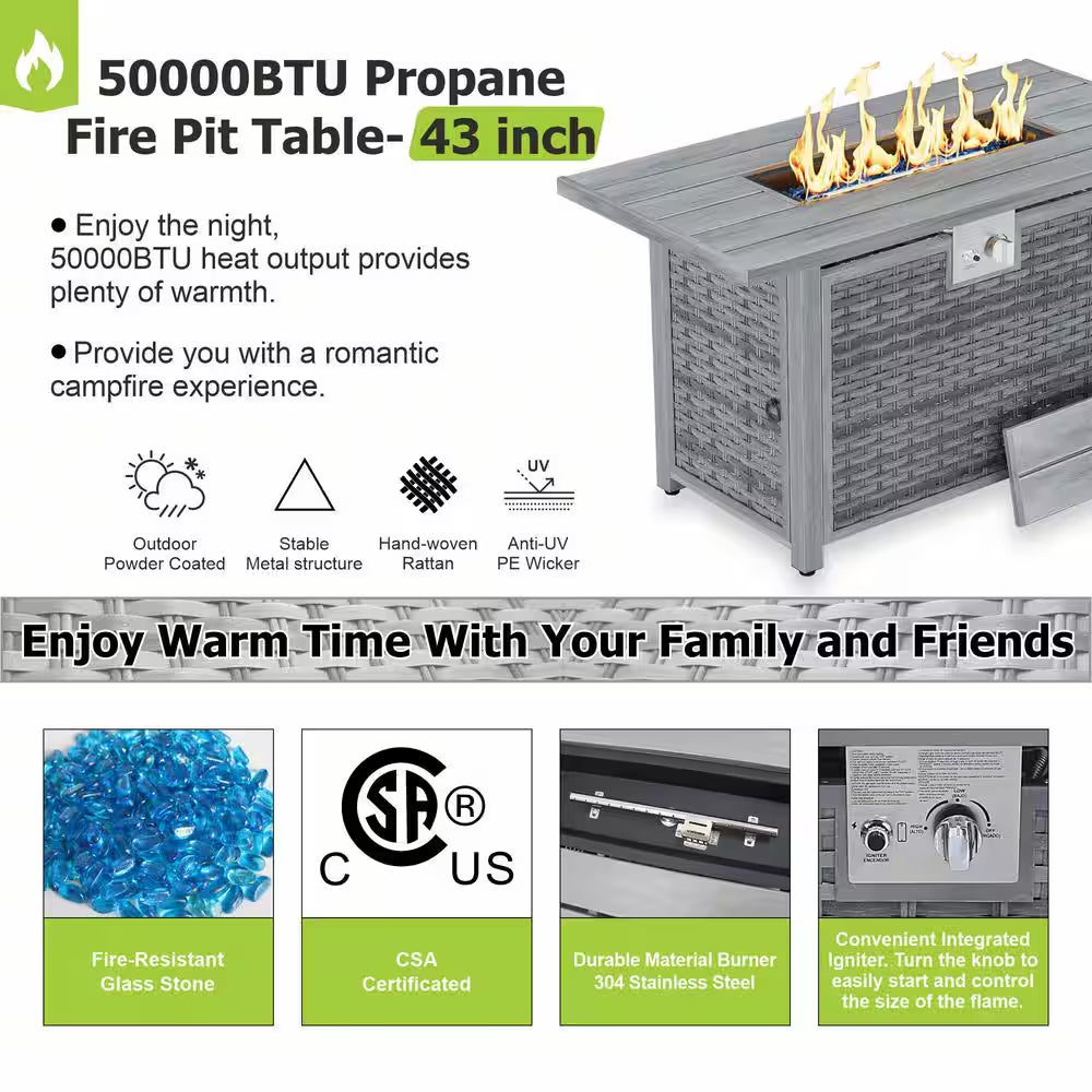 43 In. 50,000 BTU Light Gray Rectangle Rattan Wicker Outdoor Propane Fire Pit Table