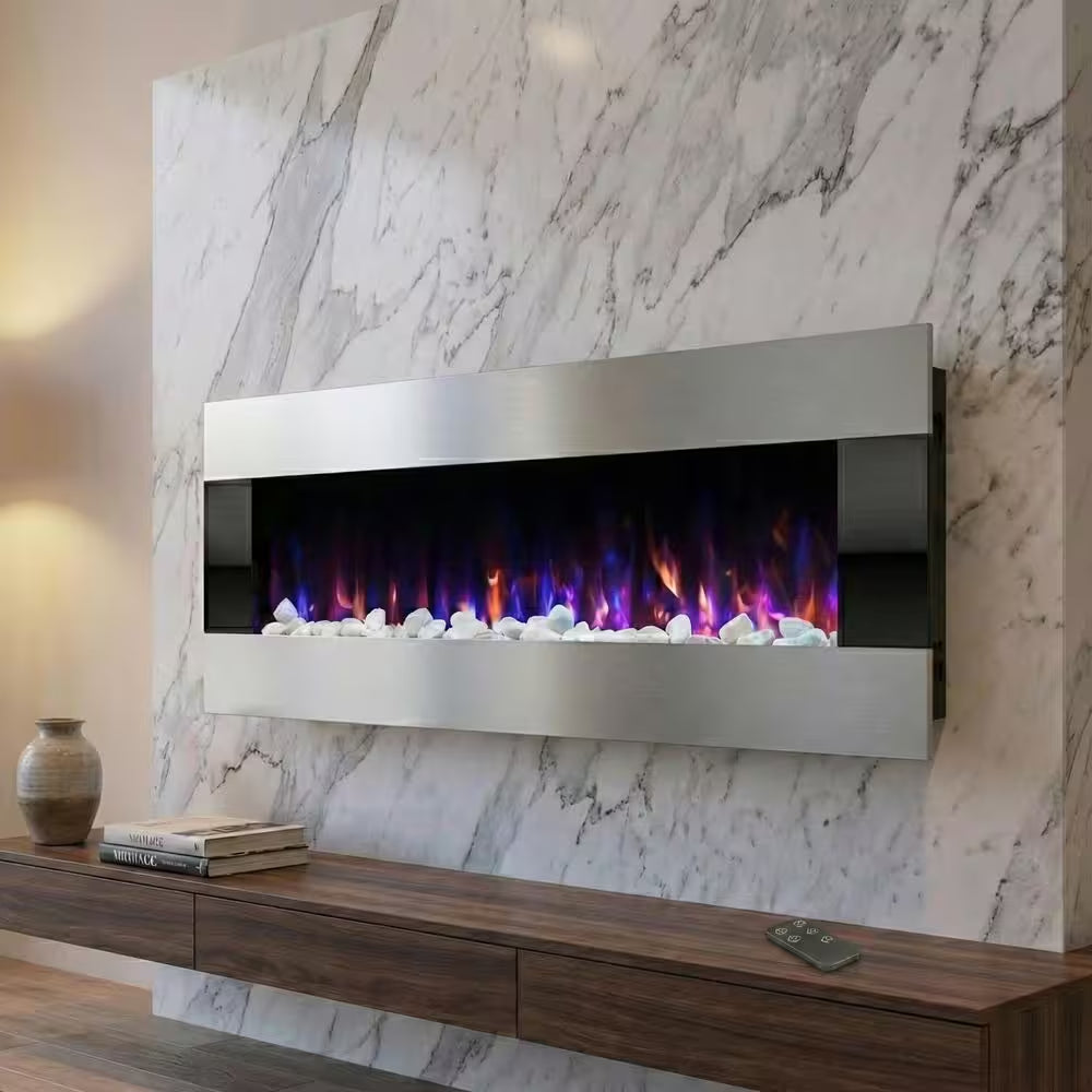 54 In. Stainless Steel Electric Fireplace with Wall Mount and Remote in Silver