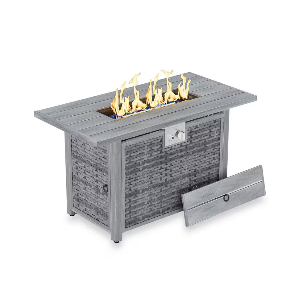43 In. 50,000 BTU Light Gray Rectangle Rattan Wicker Outdoor Propane Fire Pit Table