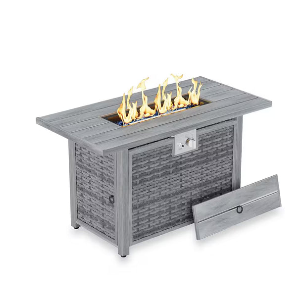 43 In. 50,000 BTU Light Gray Rectangle Rattan Wicker Outdoor Propane Fire Pit Table