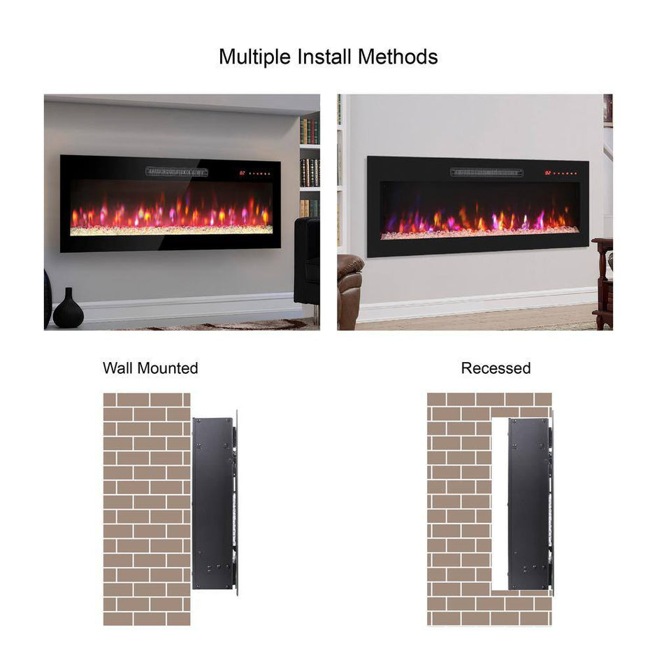 50 In. Wall Mounted Ultra Thin Tempered Glass Front Smart Electric Fireplace with Remote and Multi-Color Flame in Black