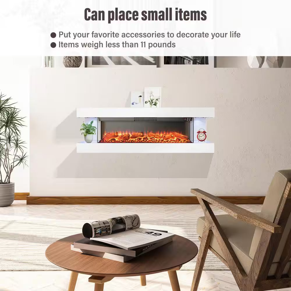 50 In. Wall Mount 3-Sided Electric Fireplace in White with Thermostat and Remote, 12-Flame Colors, LED Side Lights