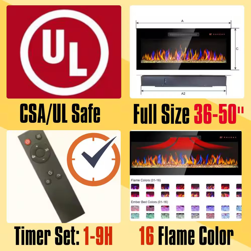 50 In. Wall Mounted Ultra Thin Tempered Glass Front Smart Electric Fireplace with Remote and Multi-Color Flame in Black