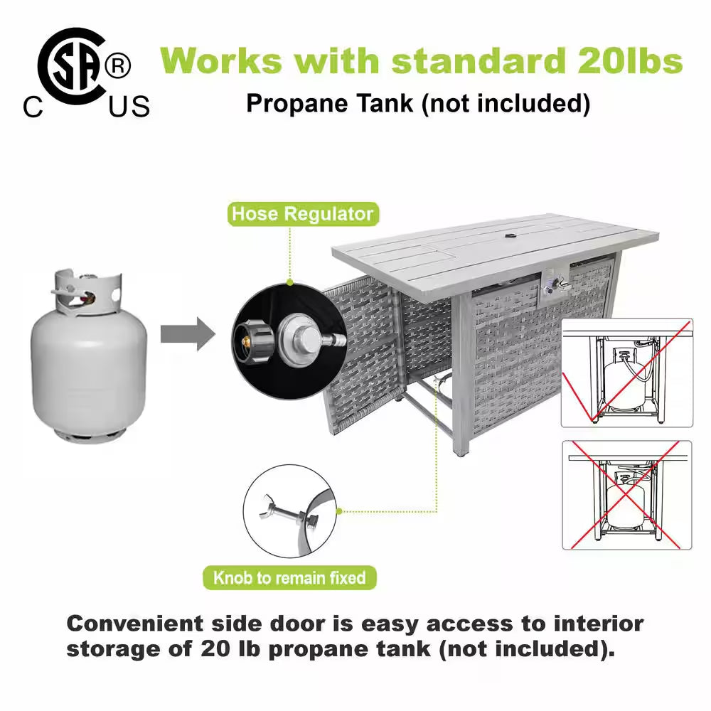 43 In. 50,000 BTU Light Gray Rectangle Rattan Wicker Outdoor Propane Fire Pit Table