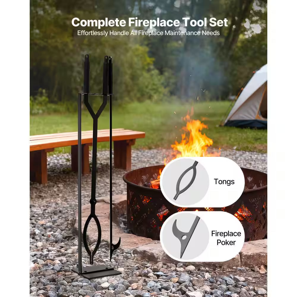 Wrought Iron Fireplace Tool Set, 3 PCS Fire Tool Set and Holder with Stand, Tongs, Fire Place Poker, for Indoor/Outdoor