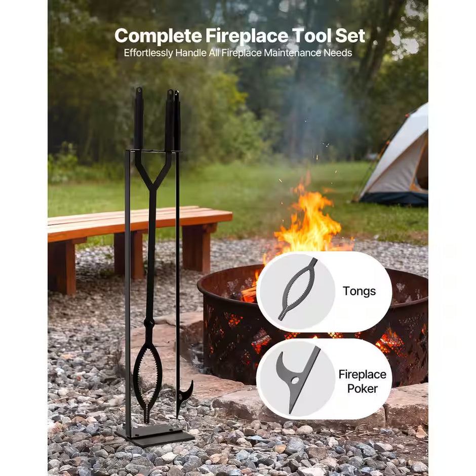 Wrought Iron Fireplace Tool Set, 3 PCS Fire Tool Set and Holder with Stand, Tongs, Fire Place Poker, for Indoor/Outdoor