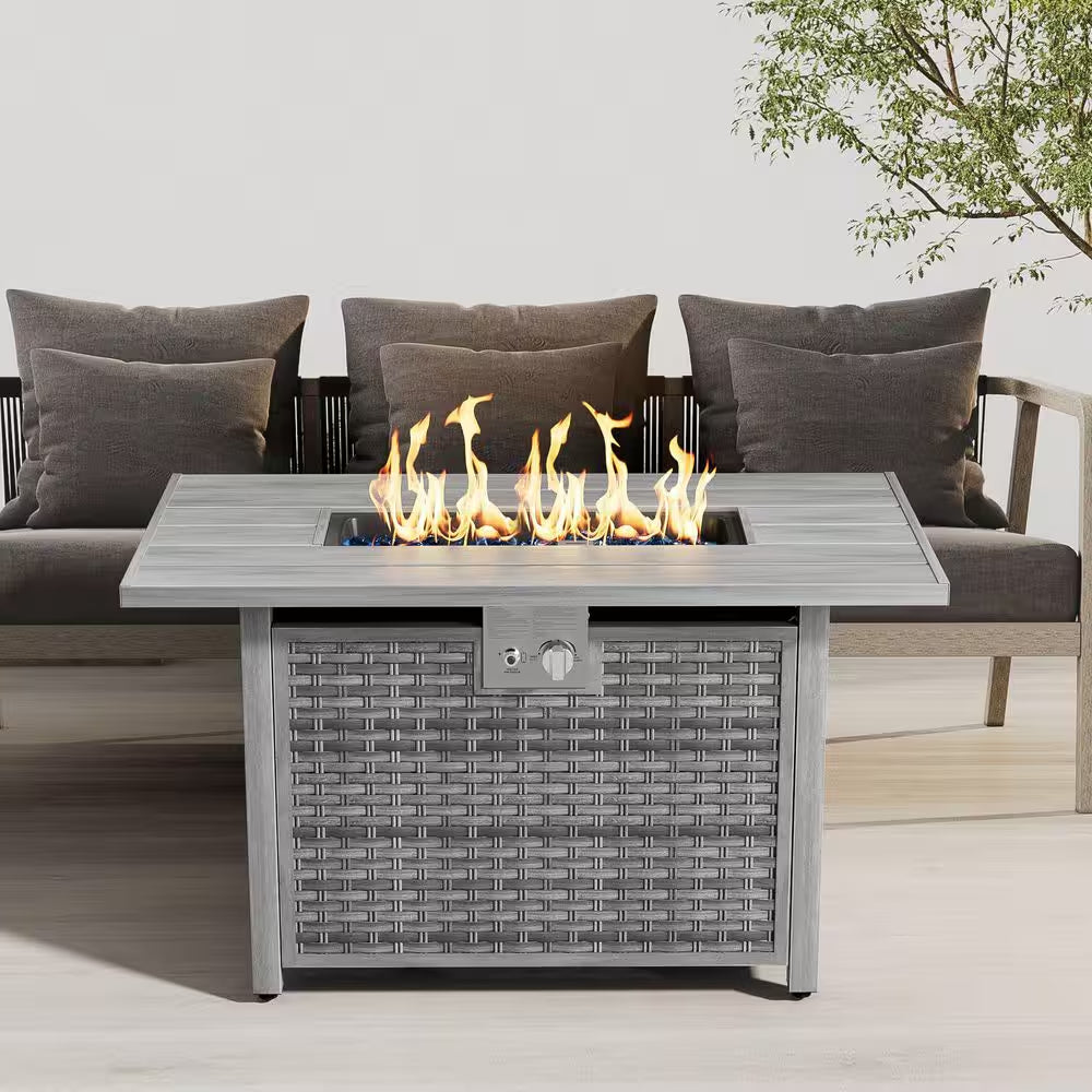43 In. 50,000 BTU Light Gray Rectangle Rattan Wicker Outdoor Propane Fire Pit Table