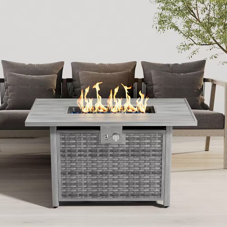 43 In. 50,000 BTU Light Gray Rectangle Rattan Wicker Outdoor Propane Fire Pit Table