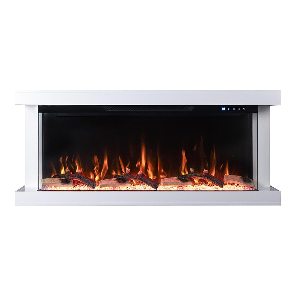 50 In. Wall Mount 3-Sided Electric Fireplace in White with Thermostat and Remote, 12-Flame Colors, LED Side Lights