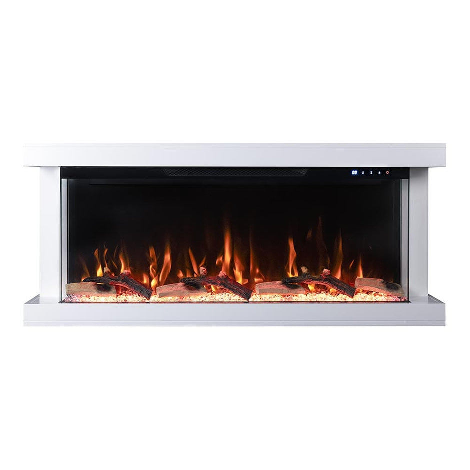 50 In. Wall Mount 3-Sided Electric Fireplace in White with Thermostat and Remote, 12-Flame Colors, LED Side Lights