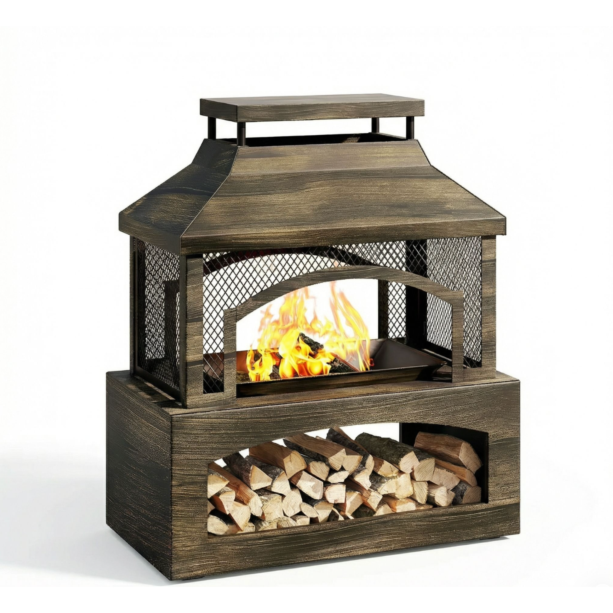 Fire Pits for outside Wood Burning, Outdoor Fireplace with Log Storage Rack, Freestanding Chiminea Fireplace with Mesh Screen and Pocker for Backyard Patio Party Camping Picnic, 37