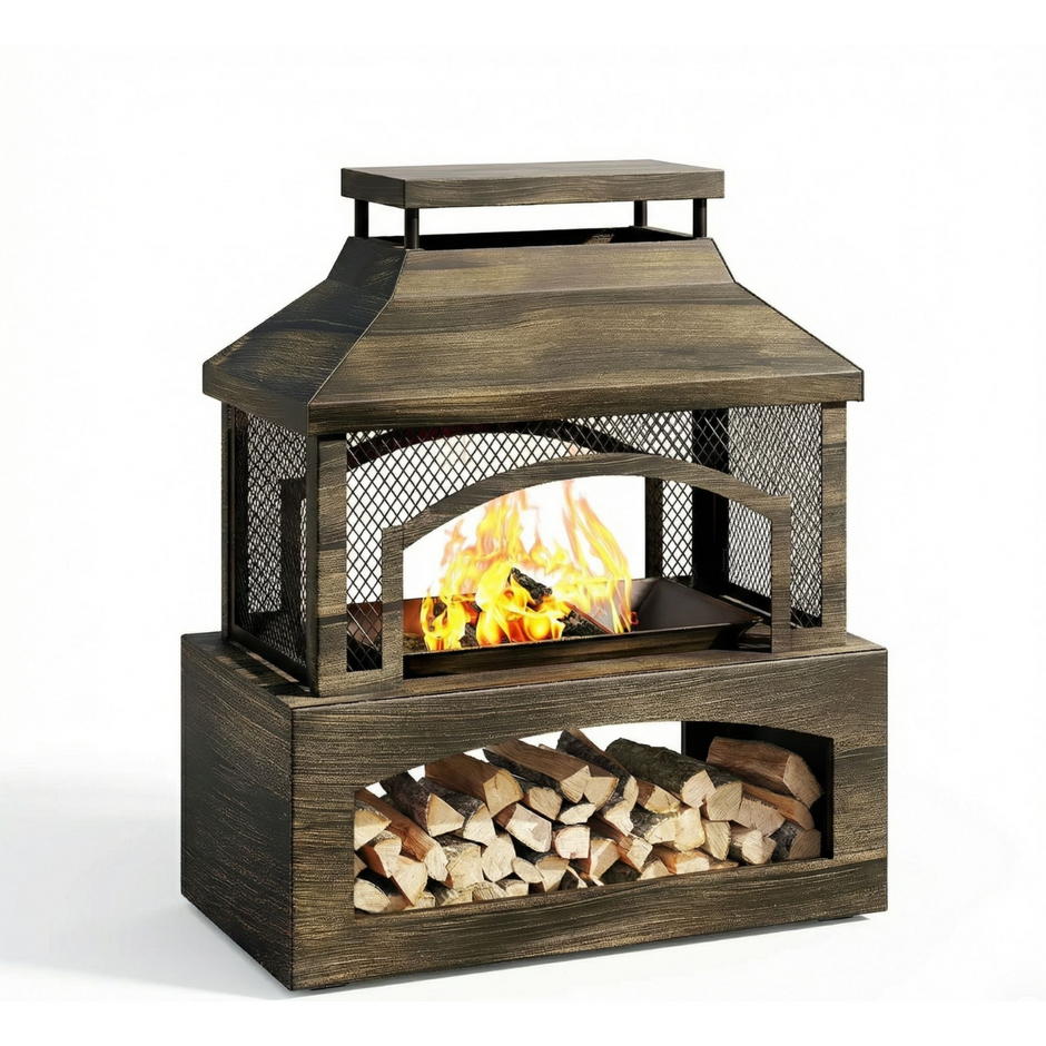 Fire Pits for outside Wood Burning, Outdoor Fireplace with Log Storage Rack, Freestanding Chiminea Fireplace with Mesh Screen and Pocker for Backyard Patio Party Camping Picnic, 37