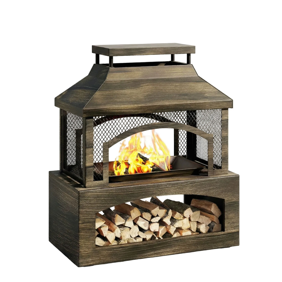 Fire Pits for outside Wood Burning, Outdoor Fireplace with Log Storage Rack, Freestanding Chiminea Fireplace with Mesh Screen and Pocker for Backyard Patio Party Camping Picnic, 37"