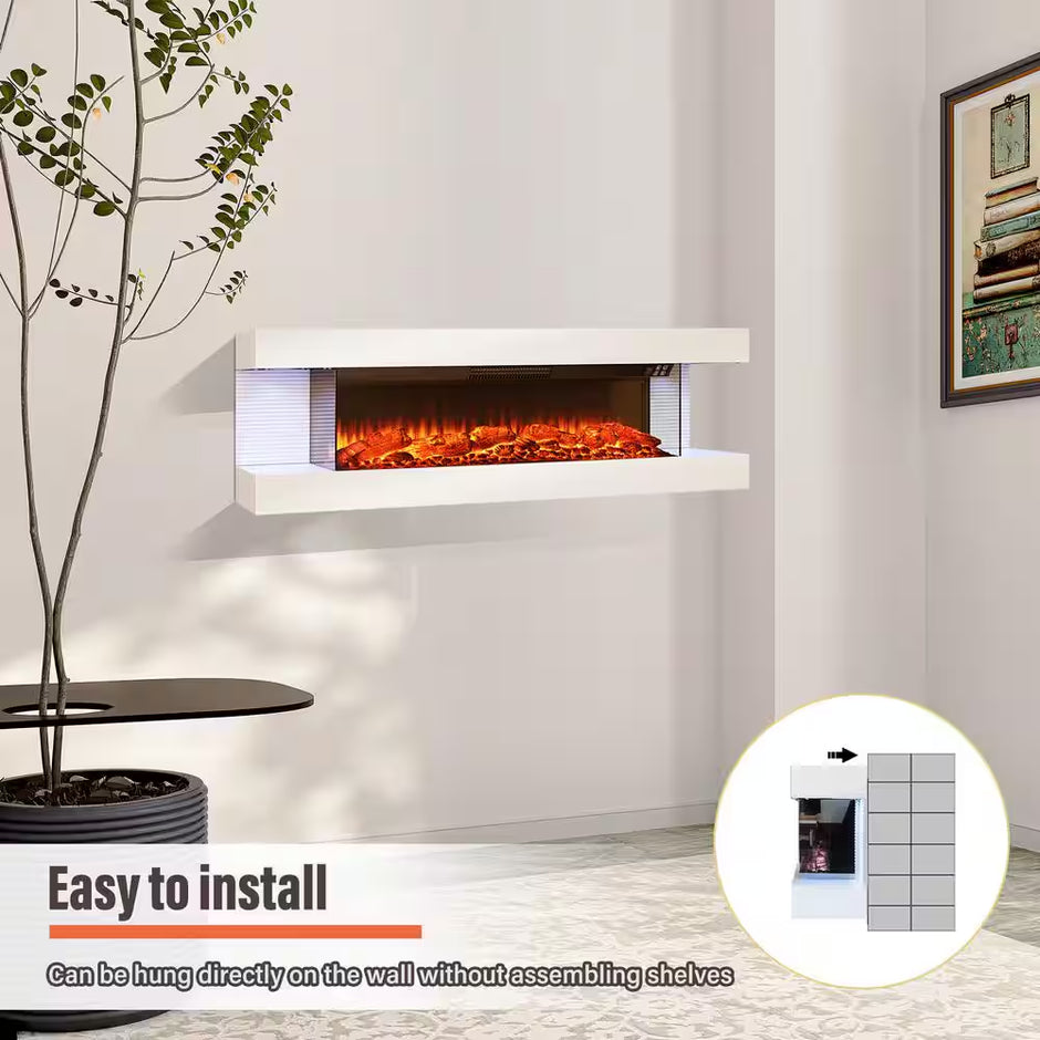 50 In. Wall Mount 3-Sided Electric Fireplace in White with Thermostat and Remote, 12-Flame Colors, LED Side Lights