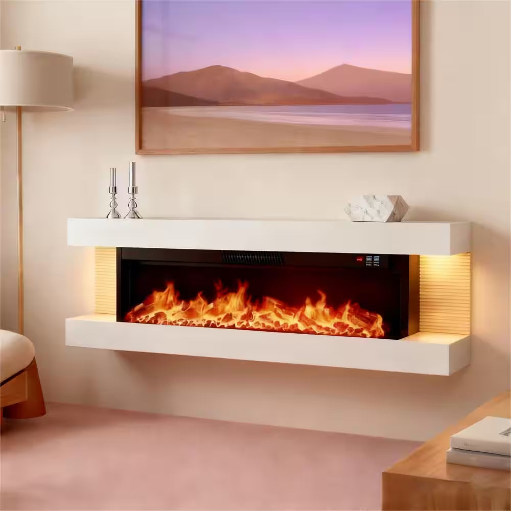 50 In. Wall Mount 3-Sided Electric Fireplace in White with Thermostat and Remote, 12-Flame Colors, LED Side Lights