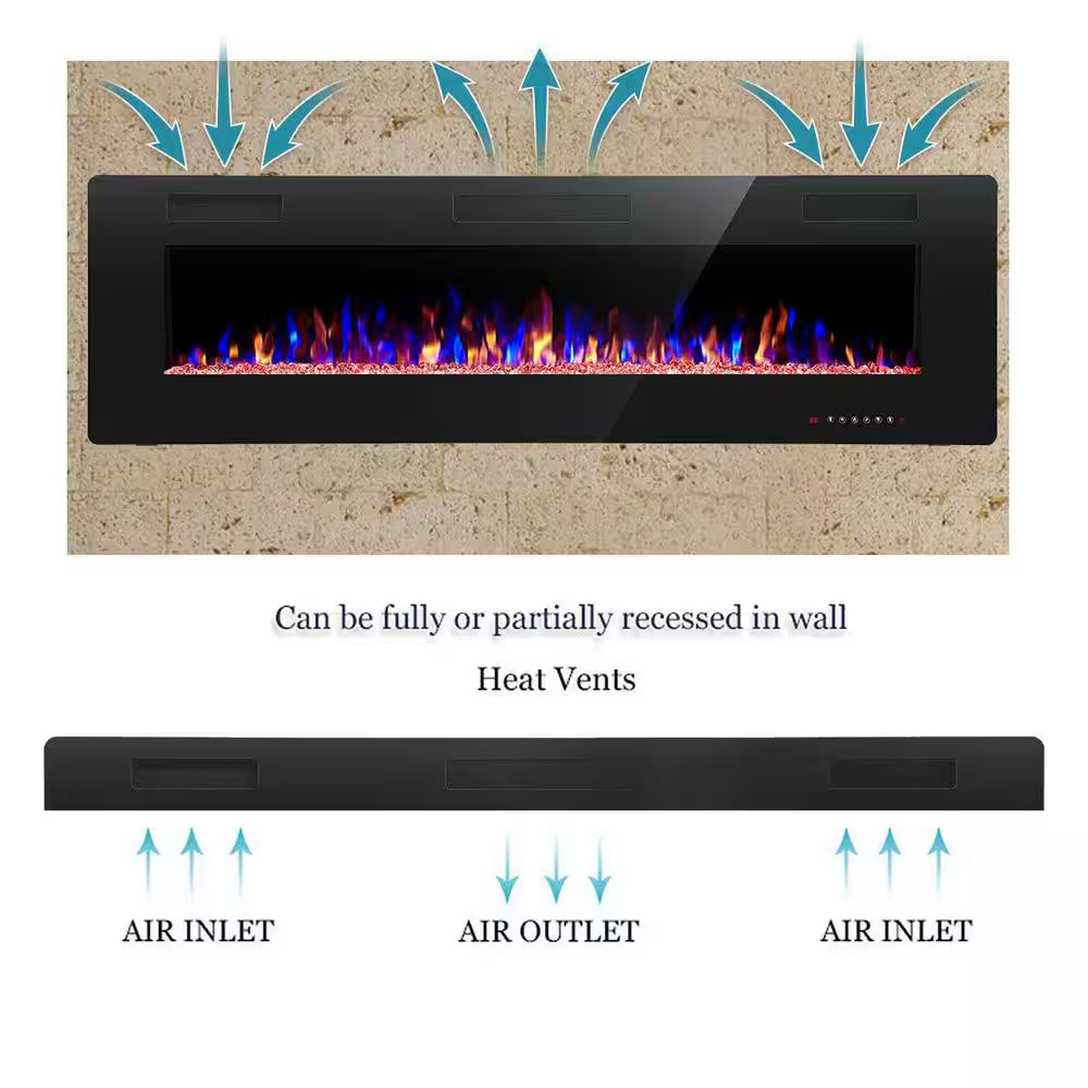 60 In. Wall Mounted Electric Fireplace with Remote Control, Timer and Touch Screen in Black