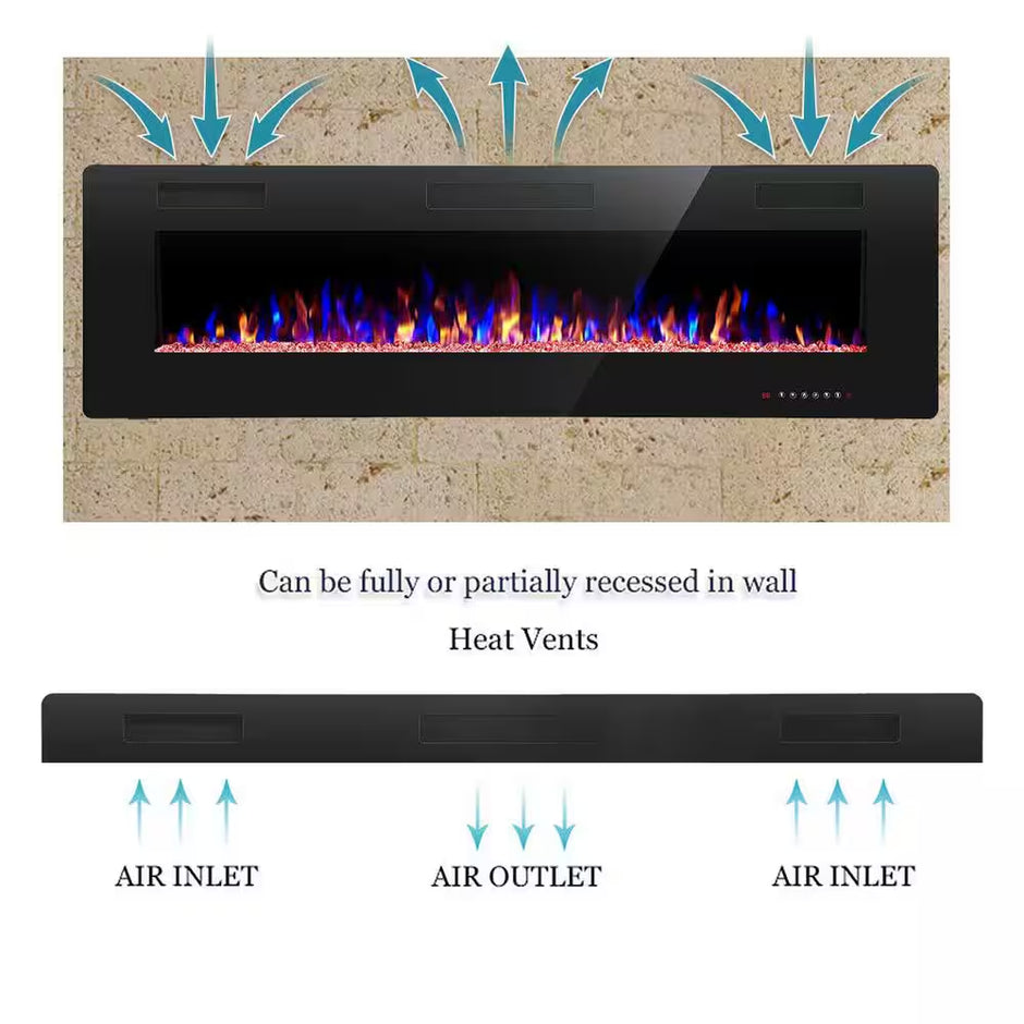 60 In. Wall Mounted Electric Fireplace with Remote Control, Timer and Touch Screen in Black