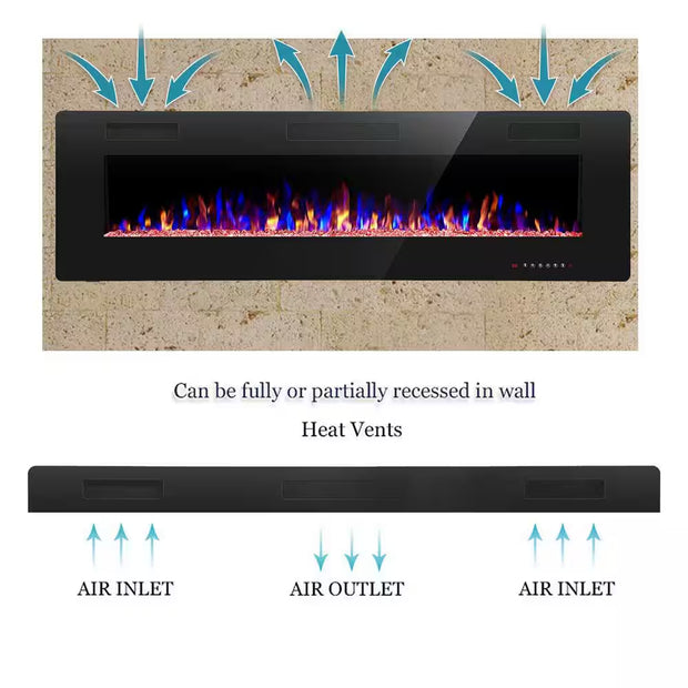 60 In. Wall Mounted Electric Fireplace with Remote Control, Timer and Touch Screen in Black