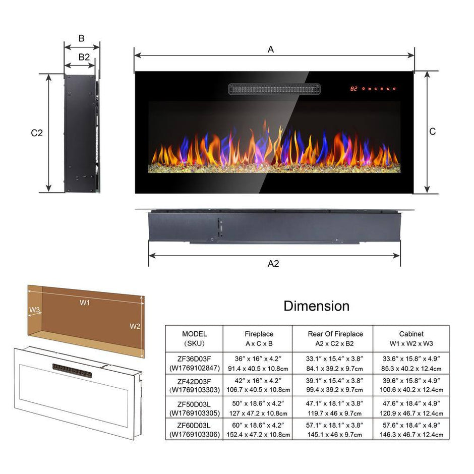 50 In. Wall Mounted Ultra Thin Tempered Glass Front Smart Electric Fireplace with Remote and Multi-Color Flame in Black