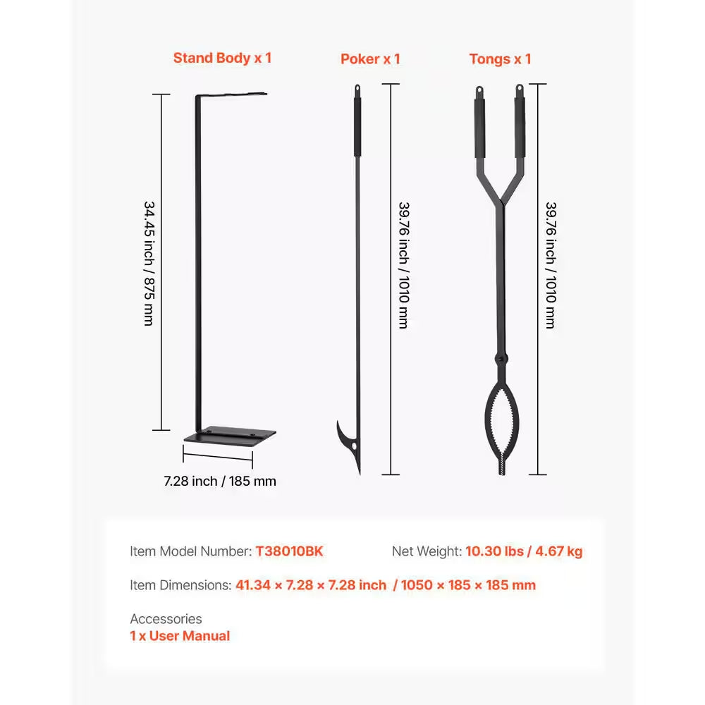 Wrought Iron Fireplace Tool Set, 3 PCS Fire Tool Set and Holder with Stand, Tongs, Fire Place Poker, for Indoor/Outdoor