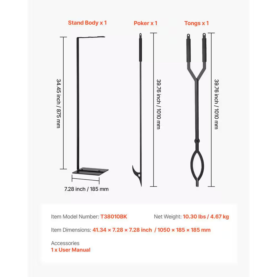 Wrought Iron Fireplace Tool Set, 3 PCS Fire Tool Set and Holder with Stand, Tongs, Fire Place Poker, for Indoor/Outdoor