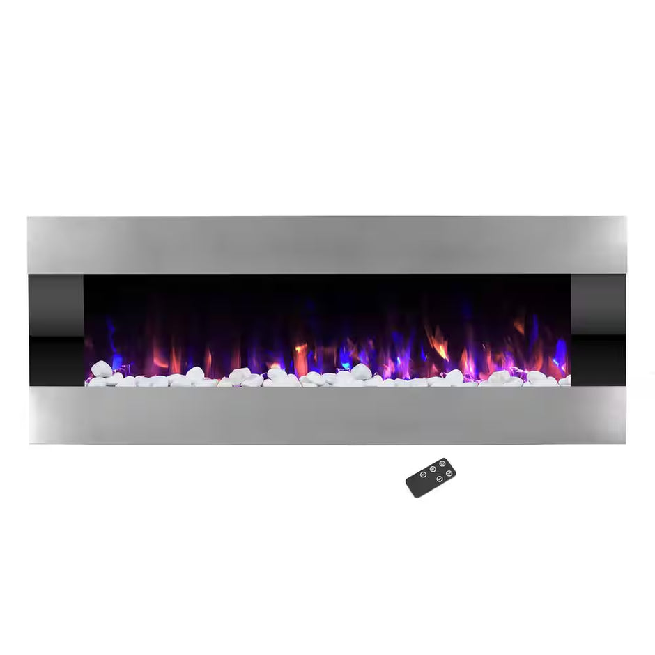 54 In. Stainless Steel Electric Fireplace with Wall Mount and Remote in Silver